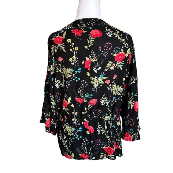 EXPRESS BLACK FLORAL CRINKLE GAUZE CINCH DRAWSTRING OPEN FRONT KIMONO TOP M - Picture 3 of 17